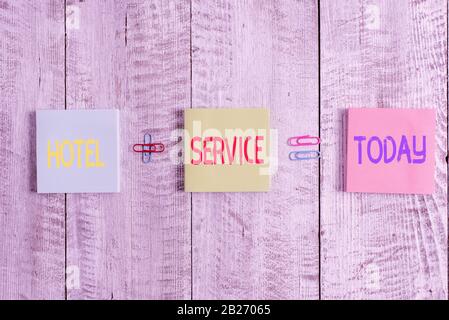 Text sign showing Hotel Service. Business photo showcasing Providing guests warm accommodation and other services Pastel colour note paper placed next Stock Photo