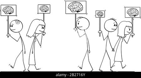 Vector cartoon stick figure drawing conceptual illustration of crowd of people walking on the street holding signs with brain image showing their intellect. Concept of human intelligence. Stock Vector
