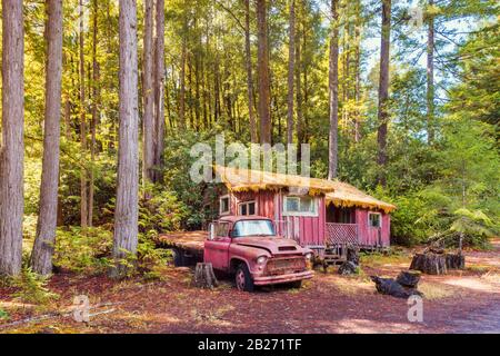 Abandoned Old Truck and Cabin in the Woods near Redwood National Park, California, USA Stock Photo