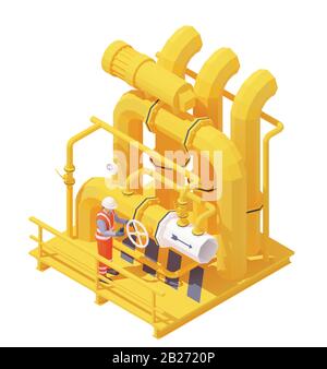 Vector isometric gas or oil production operator opens pipeline valve Stock Vector