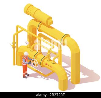 Vector isometric gas or oil production operator opens pipeline valve Stock Vector