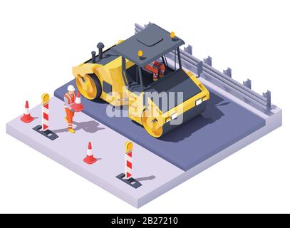 Vector isometric road roller at road construction site Stock Vector