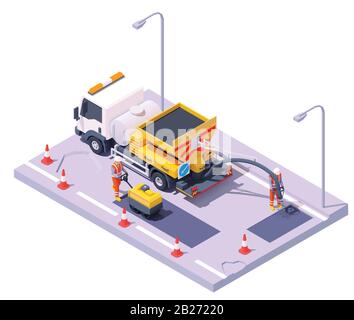 Vector isometric road potholes spray injection repair Stock Vector