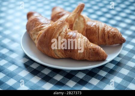 Two plain  croissants on a white plate -selective focusview Stock Photo
