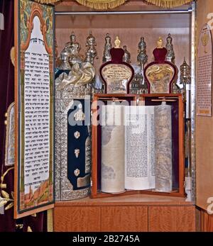 Torah scrolls in the ark at the Aur Torah synagogue Sephardic temple in Staten Island, New York Stock Photo