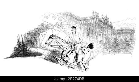 French humor and caricature: gentleman with monocle in perfect jodhpurs, hat, coat and riding crop drive his horse at full gallop Stock Photo