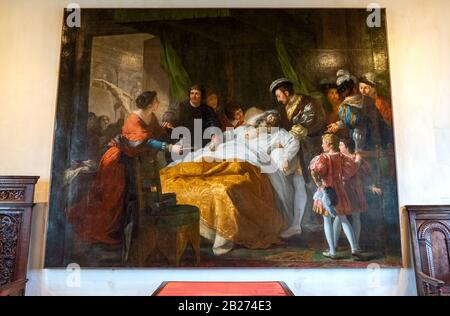 Amboise, France - November 15, 20118:  The painting of the Death of Leonardo Da Vinci by F.G.Menageot (18th century) in the apartments of the Royal ca Stock Photo