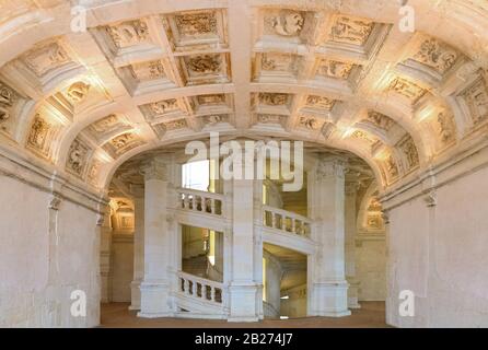 Chambord, France - November 14, 2018: The double helix staircase of the Chambord castle seen from the second floor