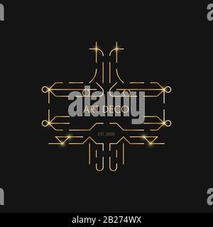 Abstract Art Deco style banner design on black background. Golden outline geometric template for presentation, poster, flyer, cover, backdrop Stock Vector