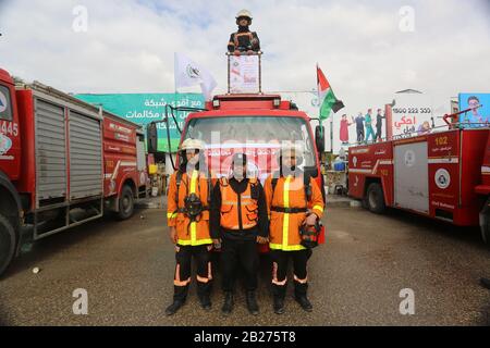 The Palestinian Civil Defense commemorates the occasion of the International Day of Civil Defense, in Gaza Strip, on Mar 1, 2020. Stock Photo