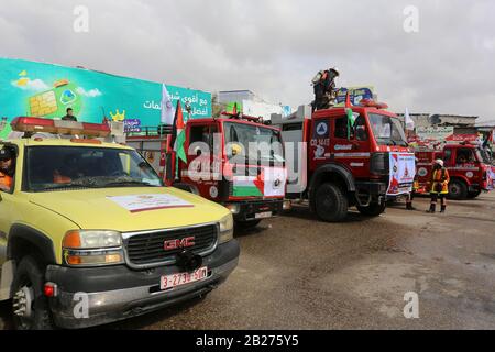The Palestinian Civil Defense commemorates the occasion of the International Day of Civil Defense, in Gaza Strip, on Mar 1, 2020. Stock Photo