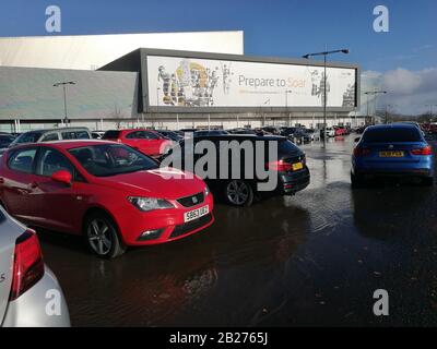 Glasgow, UK. 1st Mar, 2020. Roads and car parks struggle to cope with amount of rainfall in recent days in Scotland. Car park in Breahead Soar shopping and entertainment centre flooded following a heavy rain, Glasgow, UK Credit: Alamy News/Pawel Pietraszewski Credit: Pawel Pietraszewski/Alamy Live News Stock Photo