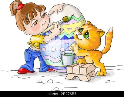 vector illustration Happi Easter,girl and ginger kitten paing an egg Stock Vector