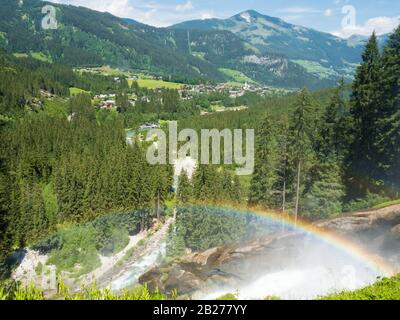 Rainbow over the Krimml Waterfalls (Krimmler Wasserfälle) in the High Tauern National Park, Austria Stock Photo