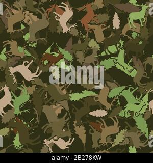 seamless pattern of deer and oak leaves on a dark green background. Vector image Stock Vector