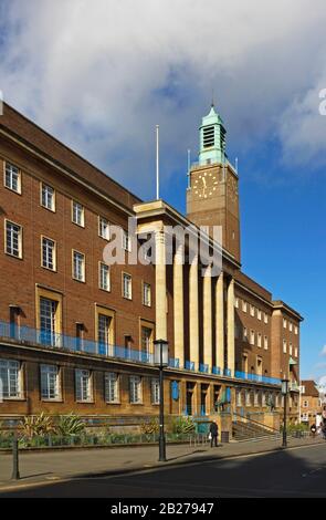 A view of the City Hall from St Peter's Street in the centre of Norwich, Norfolk, England, United Kingdom, Europe. Stock Photo