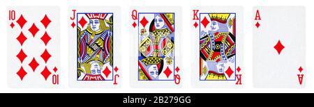 Diamonds Suit Vintage Playing Cards, Set include Ace, King, Queen, Jack and Ten - isolated on white. Stock Photo