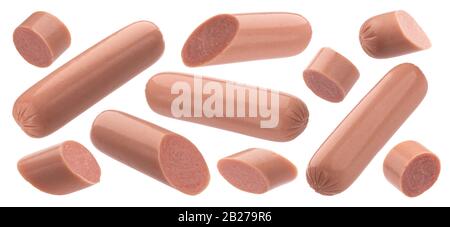 Whole and sliced boiled sausages isolated on white background Stock Photo