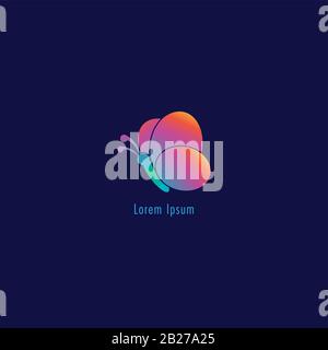 Abstract Flying Neon Butterfly with rounded wings. Animal Logo Concept Isolated on Navy Blue background. Orange Pink Violet Tosca Blue Gradation color Stock Vector