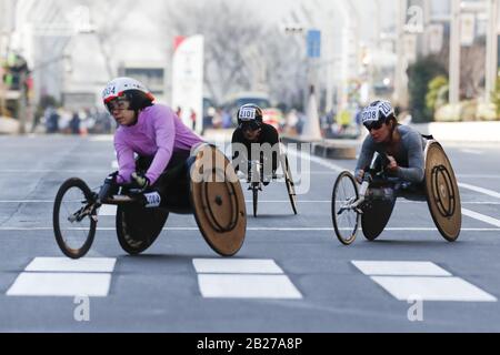 Tokyo, Japan. 1st Mar, 2020. Elite wheelchair athletes race during the Tokyo Marathon 2020. This year, only elite runners and elite wheelchair athletes took part in the annual event because of the new coronavirus (COVID-19) spread in Japan. Credit: Rodrigo Reyes Marin/ZUMA Wire/Alamy Live News Stock Photo