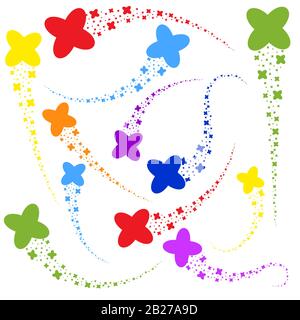 A set of bright streams of abstract stars in the form of a cross. Colorful silhouette. Simple flat vector illustration isolated on white background. Stock Vector
