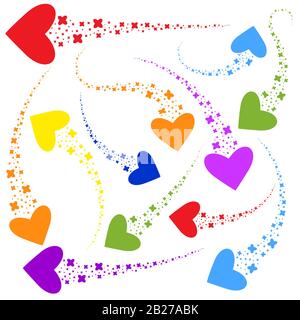 A set of bright streams of abstract stars in the shape of the heart. Colorful silhouette. Simple flat vector illustration isolated on white background Stock Vector