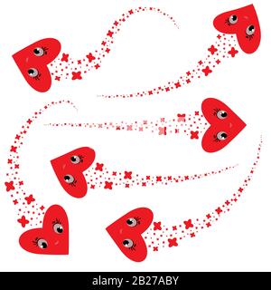 A set of abstract flying streams of cartoon hearts of red color. Simple flat vector illustration isolated on white background. Stock Vector