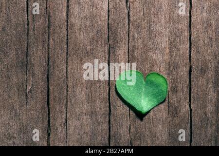 Heart-shaped part of shamrock leaf on shabby wooden background. St. Patrick's Day, Valentine's day. Symbol of love. Selective focus. Stock Photo