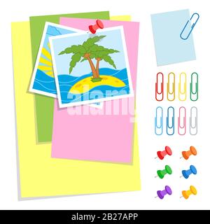 A set of colored sheets of different sizes and office pushpins and clips. Lovely cartoon style. Simple flat vector illustration isolated on white back Stock Vector