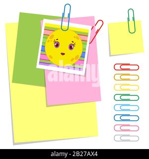 A set of colored office sticky and ordinary sheets and paper clips. Simple flat vector illustration isolated on white background. Stock Vector