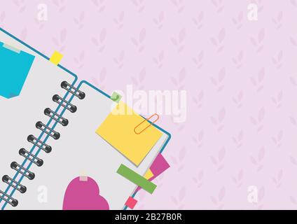 Open notepad on a spiral with bookmarks and blank pages. A simple flat vector illustration isolated on a pink background. Stock Vector