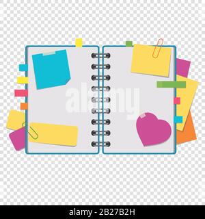 Color open notepad on rings with blank sheets and bookmarks between pages. A simple flat vector illustration isolated on a transparent background. Stock Vector