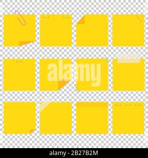 A set of yellow office sticky sheets. A simple flat vector illustration isolated on a transparent background. Stock Vector