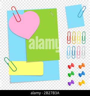 A set of colored office sticky sheets of different shapes, buttons and clips. A simple flat vector illustration isolated on a transparent background. Stock Vector