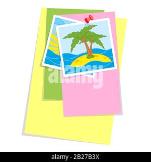 A set of colored office sticky sheets and photos attached to a clerical button. Simple flat vector illustration isolated on white background. Stock Vector