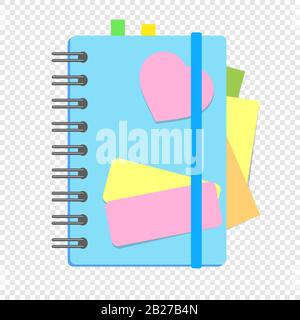 A colored closed notebook on a spring with bookmarks between pages. A simple flat vector illustration isolated on a transparent background. Stock Vector