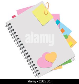 A colored picture of an open notebook with blank sheets and bookmarks between pages. Simple flat vector illustration isolated on white background. Stock Vector