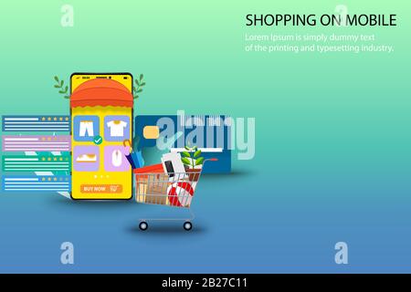Business concept of shopping on mobile phone, shopping cart is in the front of smartphone which the display contains list of products, customer rating Stock Vector