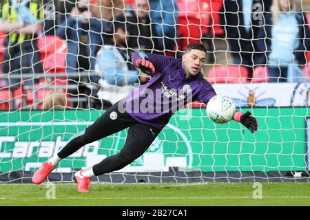 London, UK. 1st March 2020.  Ederson (31) of Manchester City warms up during the Carabao Cup Final between Aston Villa and Manchester City at Wembley Stadium, London on Sunday 1st March 2020. (Credit: Jon Bromley | MI News) Photograph may only be used for newspaper and/or magazine editorial purposes, license required for commercial use Credit: MI News & Sport /Alamy Live News Stock Photo