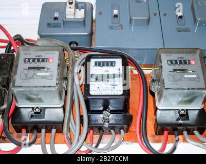 Electricity meters and fuse boxes in a residential property, London, UK Stock Photo