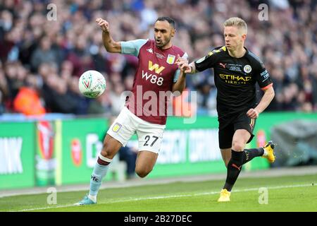 London, UK. 1st March 2020.  Ahmed Elmohamady (27) of Aston Villa battles with Oleksandr Zinchenko (11) of Manchester City during the Carabao Cup Final between Aston Villa and Manchester City at Wembley Stadium, London on Sunday 1st March 2020. (Credit: Jon Bromley | MI News) Photograph may only be used for newspaper and/or magazine editorial purposes, license required for commercial use Credit: MI News & Sport /Alamy Live News Stock Photo