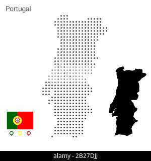 Map of Portugal vector dotted, with flag and pin. Illustration for web design, wallpaper, flyers, footage, posters, brochure, banners. Stock Vector