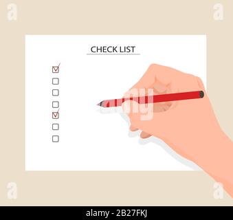 Cartoon human hand holding pen marking checkboxes on checklist vector graphic illustration Stock Vector