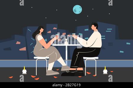 Couple enjoying romantic evening sitting on table drinking wine on roof vector flat illustration Stock Vector