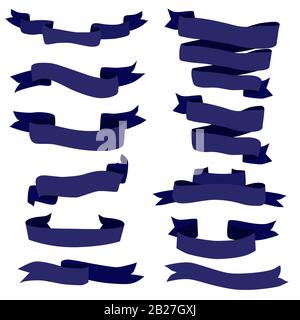 Vintage blue ribbon set isolated on white background. Set of flat colored ribbons. Vector illustration. Stock Vector