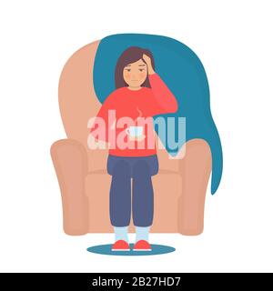 Sick woman sitting in a chair with cup of hot drink. Female character sick of seasonal flu. Epidemic, illness, disease, sickness, vector concept illus Stock Vector