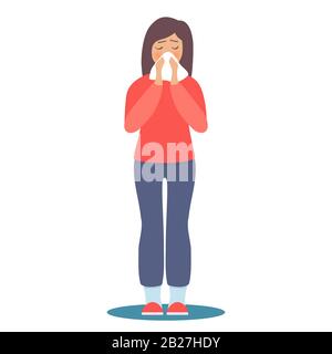 Girl with flu vector illustration. Flat female character sick of seasonal flu. Woman with blows her nose in handkerchief. Epidemic, illness, disease, Stock Vector
