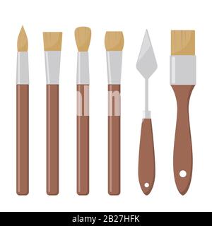 Tools for painting. Paint brushes, various forms. Different artist brushes, palette knife, icon set. Vector flat illustration, isolated Stock Vector