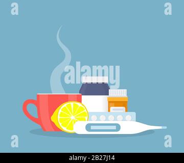 Medical concept. Cold, flu, cough drugs: medicinal syrup, pills, capsules, cup of hot drink, thermometer, lemon Vector illustration in a flat style Stock Vector