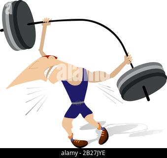 Cartoon man weightlifter isolated illustration. Funny strong man is trying to lift a heavy weight isolated on white Stock Vector